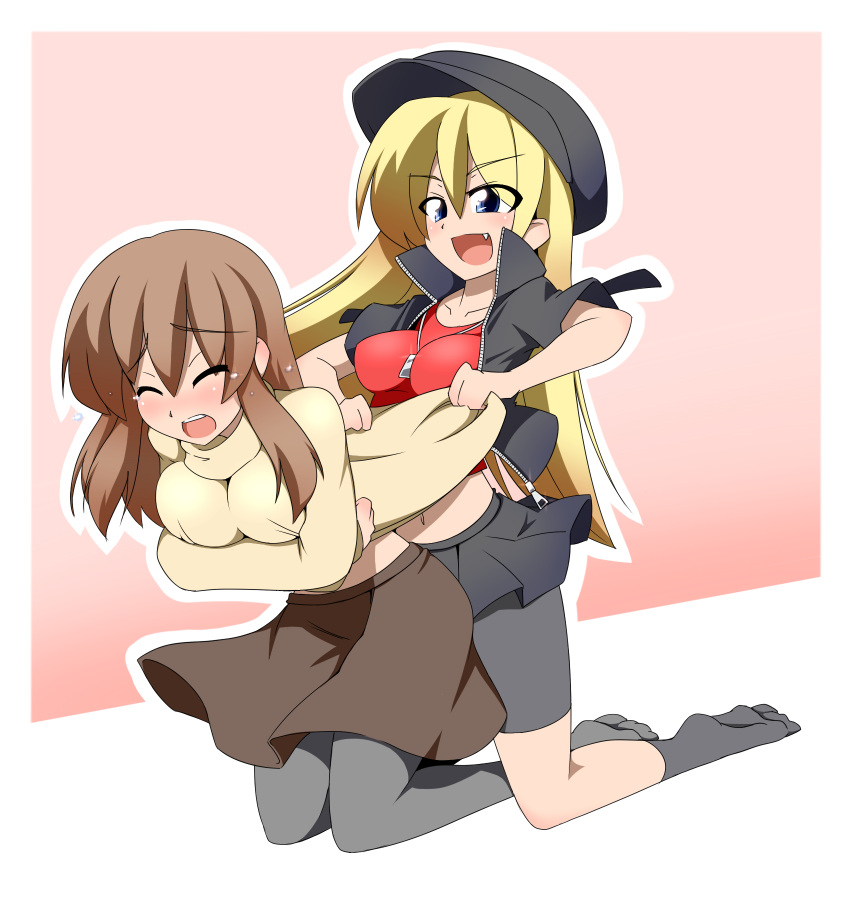 1girl, blonde, blonde_hair, blue_eyes, breasts, brown_hair, bullying, closed_eyes
