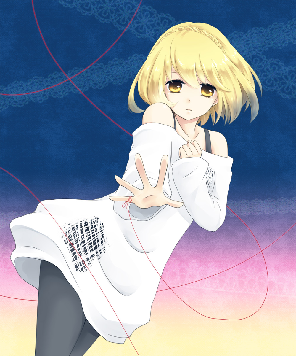 bare_shoulders, black_legwear, blonde_hair, braid, doily, face, frayed_clothes, gradient, hand_on_own_chest, hands, highres, knit_(pop'n_music), knit_(pop'n_music), looking_at_viewer, outstretched_hand, pantyhose, pop'n_music, pop'n_music, red_string, short_hair, stardrop, string, yellow_eyes