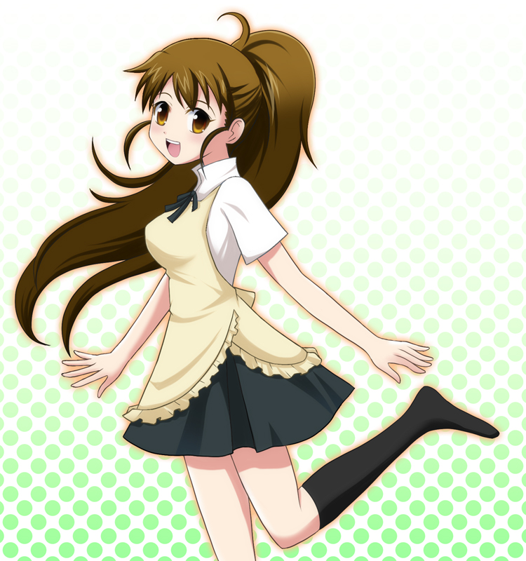 :d, apron, brown_eyes, brown_hair, halftone, halftone_background, long_hair, open_mouth, ponytail, satousu, smile, solo, standing_on_one_leg, taneshima_popura, working!!