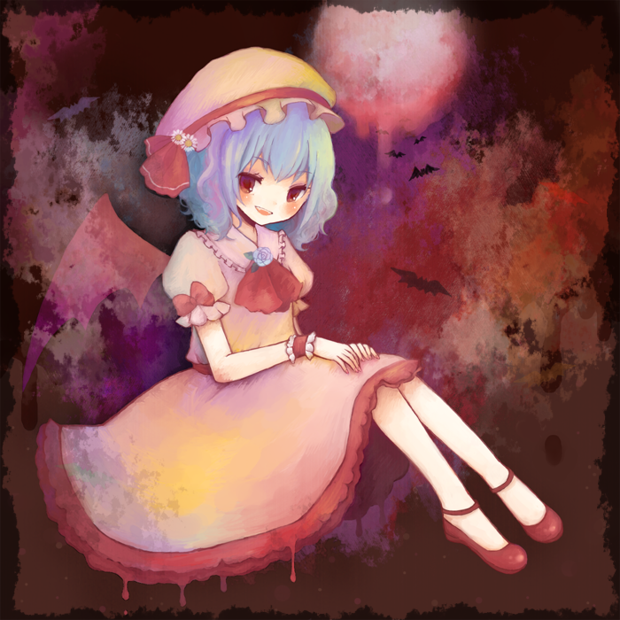 1st-mn, :d, bat, bat_wings, blue_hair, blush, brown_eyes, flower