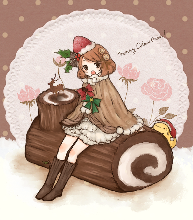 1st-mn, :o, bow, brown_eyes, brown_hair, christmas, dress, flower