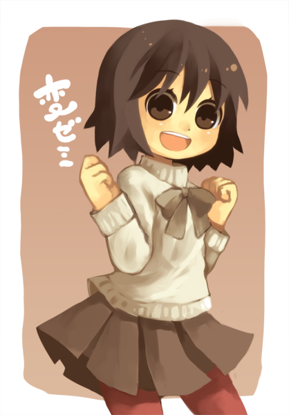1girl, bob_cut, bow, brown_eyes, brown_hair, hen_zemi, latin?!_(canteta), matsutaka_nanako, pantyhose, short_hair, skirt, smile, sweater