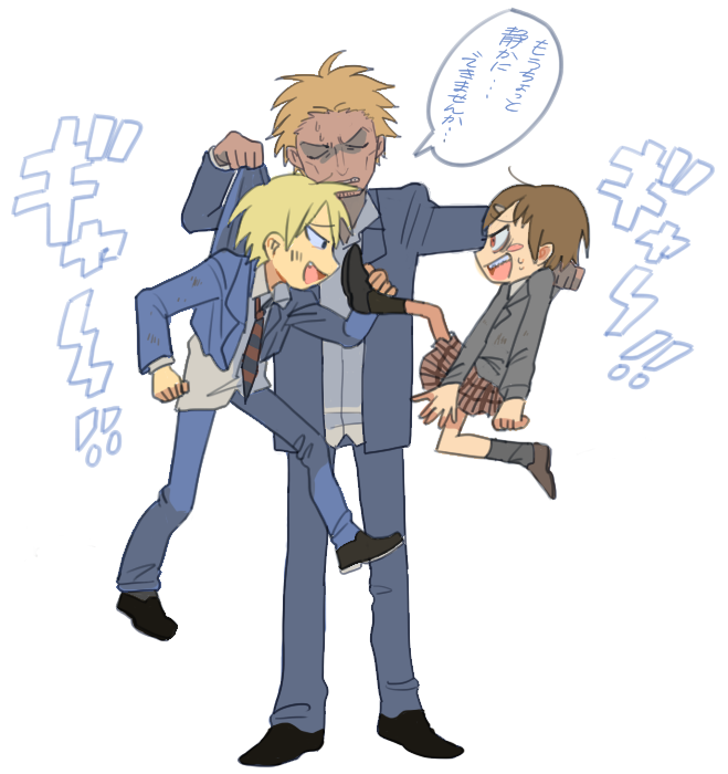 2boys, bad_id, blazer, blonde_hair, brown_hair, danshi_koukousei_no_nichijou, dark_skin, dobu_(moor)