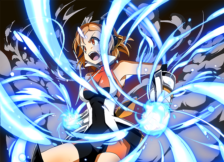 bike_shorts, gauntlets, glowing, headphones, open_mouth, orange_eyes, orange_hair, senki_zesshou_symphogear