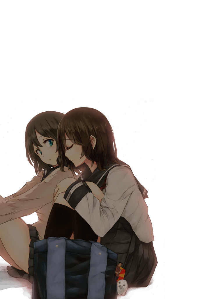 aqua_eyes, bag, black_legwear, brown_hair, closed_eyes, comrade_stalin, eyes_closed, kneehighs