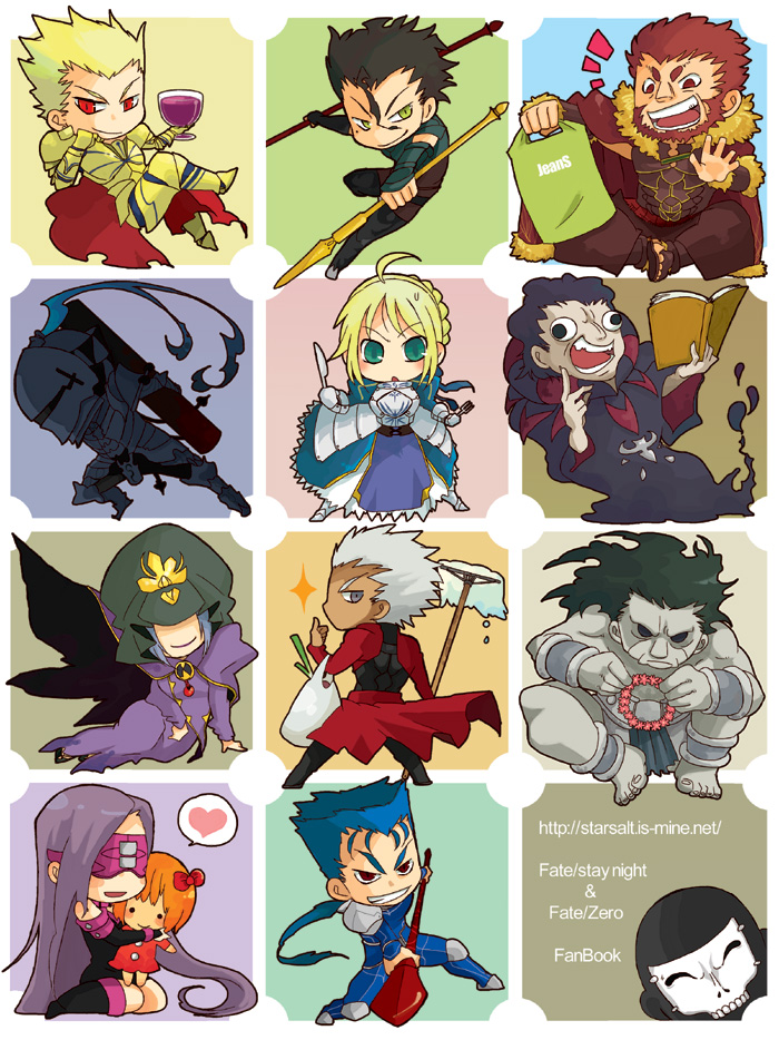 armor, assassin_(fate/zero), bag, berserker, berserker_(fate/zero), blindfold, caster, caster_(fate/zero), chibi, cup, doll, fate/stay_night, fate/zero, fate_(series), gae_bolg, gae_buidhe, gae_dearg, gilgamesh, grocery_bag, heart, hug, lancer, lancer_(fate/zero), mask, mop, pipe, polearm, rider, rider_(fate/zero), saber, shopping_bag, spear, spoken_heart, spring_onion, tamagokimi, true_assassin, watermark, weapon, web_address, wine, wine_glass