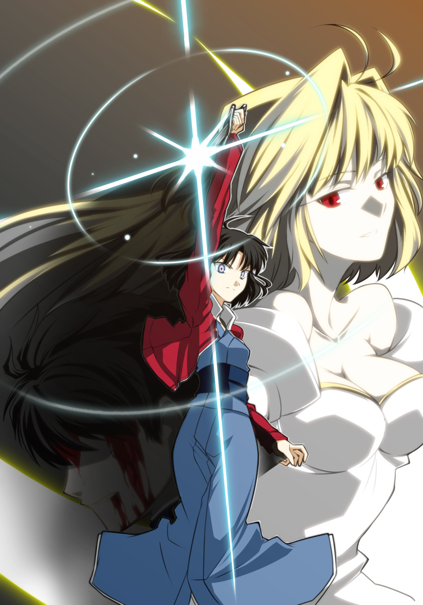 2girls, absurdres, ahoge, archetype_earth, arcueid_brunestud, black_hair, blonde_hair, blood