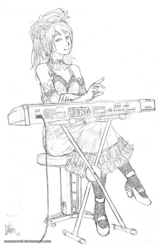 dress, elbow_gloves, flower, gloves, gothic_lolita, hair_flower, hair_ornament, instrument