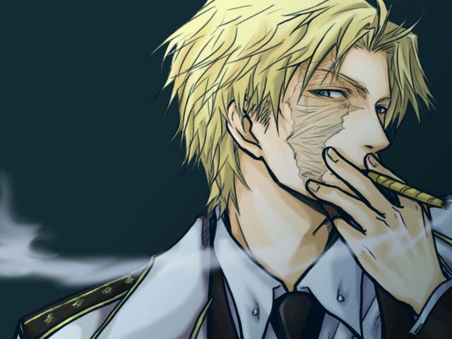 balalaika, black_lagoon, blonde_hair, blue_eyes, cigar, coat, dark, formal, genderswap, male, naoya_(pixiv), necktie, scar, short_hair, smoke, smoking, solo, suit