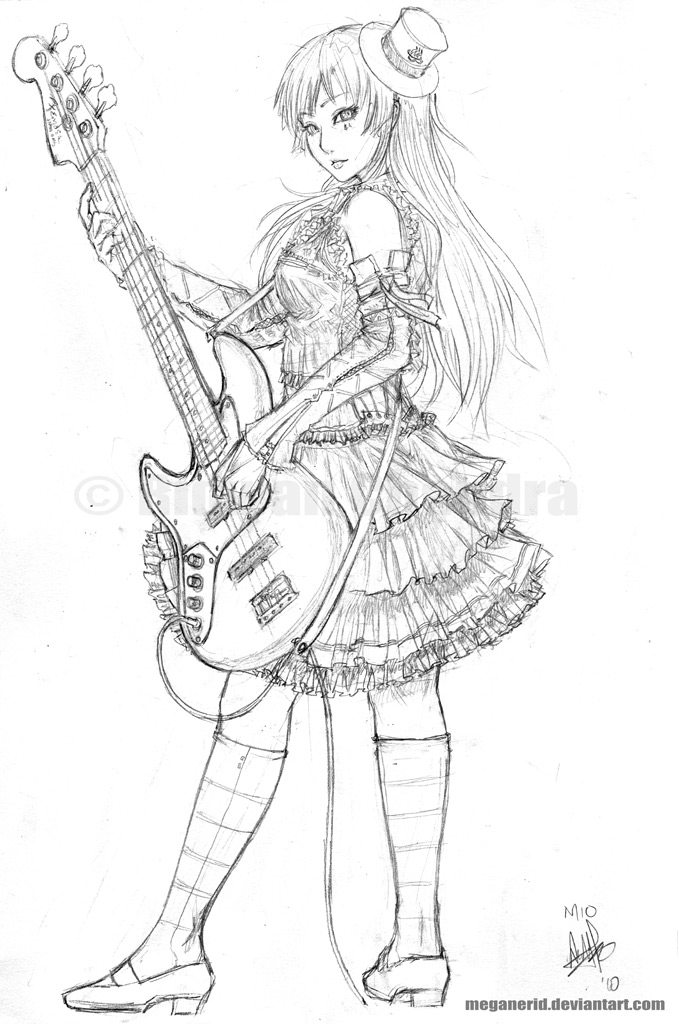 bass_guitar, detached_sleeves, dress, frilled_dress, frills, gothic_lolita, hat, instrument