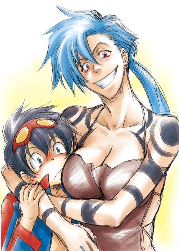 1girl, apron, black_eyes, blue_hair, blush, breasts, cleavage, genderswap