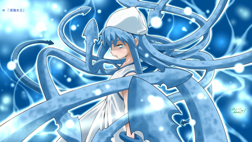 bad_id, blue_eyes, blue_hair, dress, hat, highres, ikamusume, long_hair, mokeke!!, prehensile_hair, shinryaku!_ikamusume, solo, tentacle_hair, white_dress
