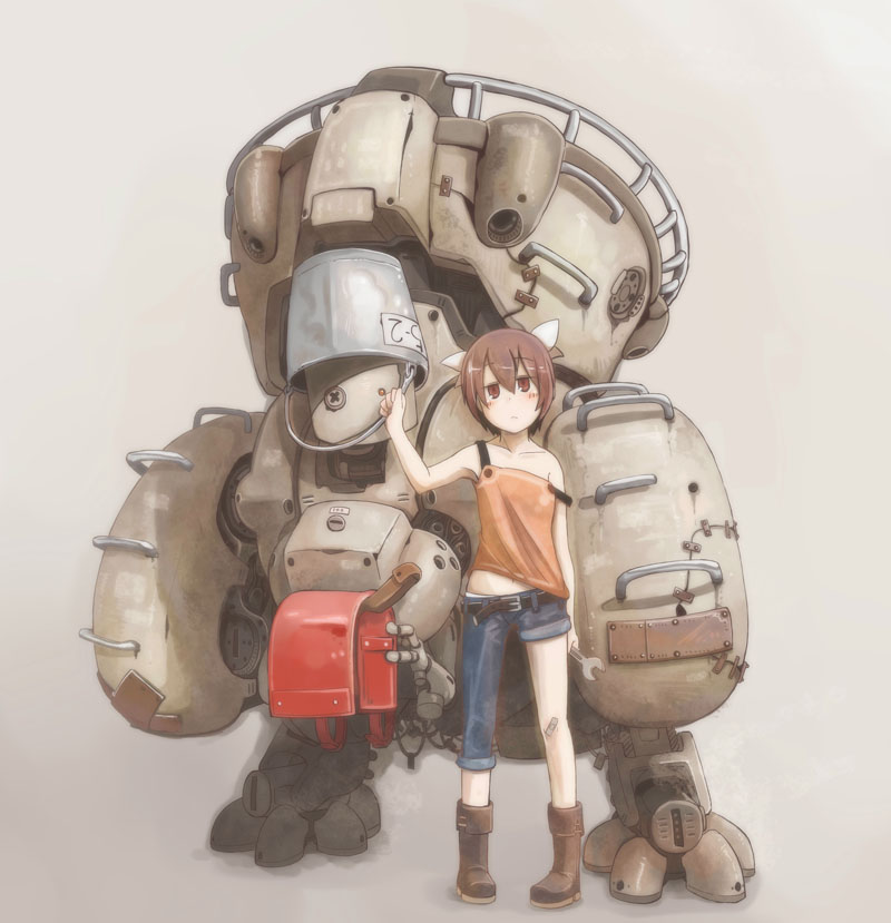asymmetrical_clothes, asymmetrical_clothing, backpack, bag, belt, boots, brown_eyes, brown_hair, bucket, bucket_on_head, hair_ornament, holding, instrument, jeans, looking_at_viewer, nabana, navel, object_on_head, original, randoseru, recorder, robot, simple_background, solo, strap_slip, wrench