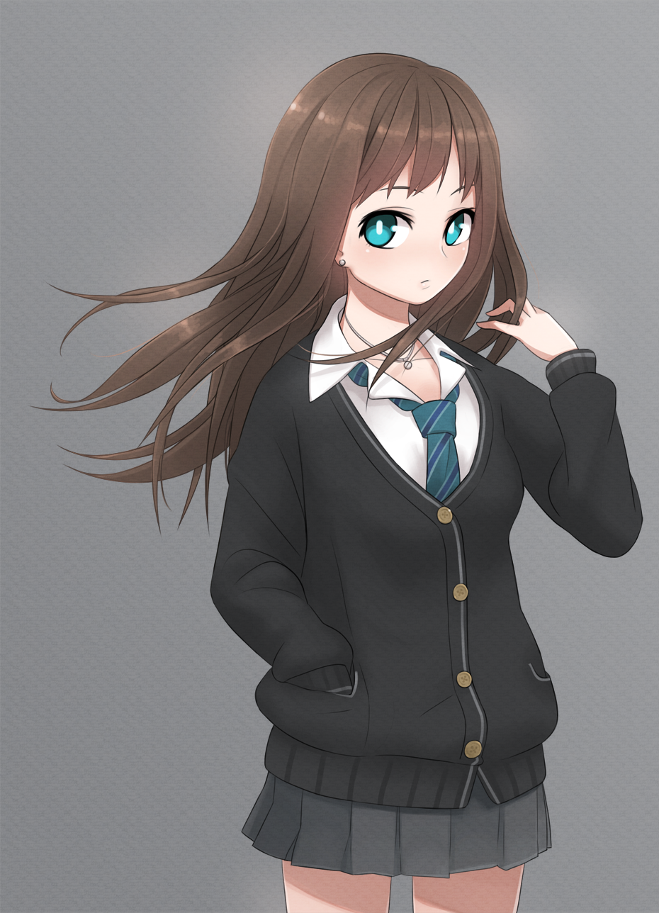 blue_eyes, brown_hair, cardigan, earrings, highres, idolmaster, idolmaster_cinderella_girls, jewelry