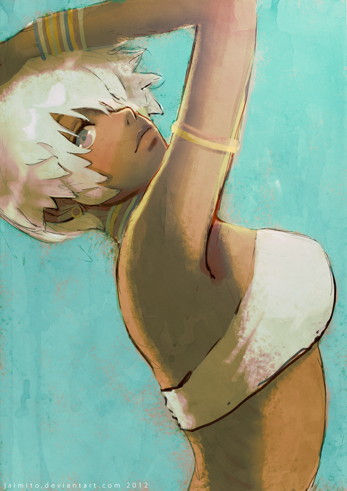 armlet, bikini_top, blue_eyes, bracelet, capcom, dark_skin, earrings, elena