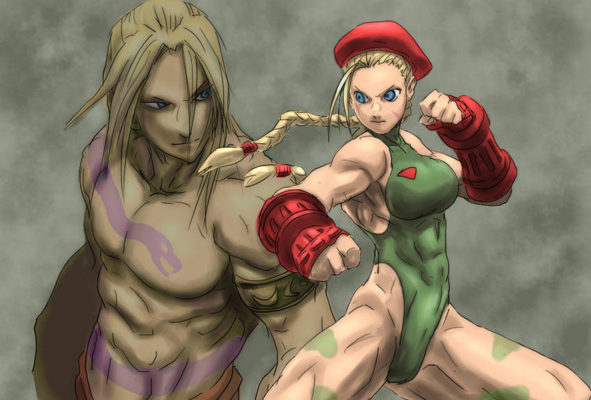 1girl, abs, antenna_hair, armlet, artist_request, balrog, beret, blue_eyes, braid, breasts, cammy_white, chigen, fighting_stance, fingerless_gloves, gloves, hat, highres, kote, leotard, long_hair, muscle, scar, shirtless, street_fighter, tattoo, twin_braids