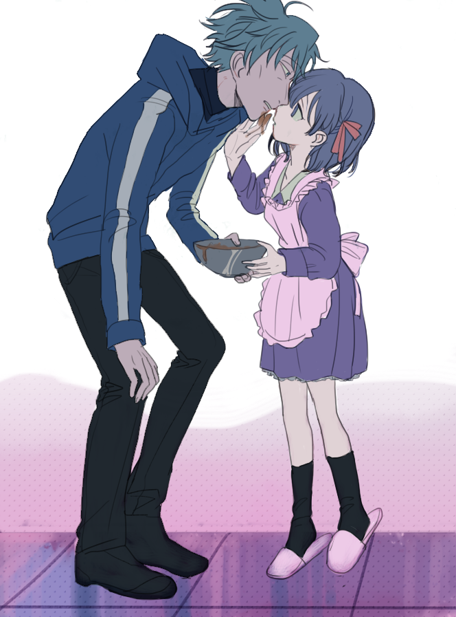 1girl, apron, bad_id, child, chocolate, dobu_(moor), dress, empty_eyes, fate/stay_night, fate_(series), grey_hair, hair_ribbon, kimurarika, matou_kariya, matou_sakura, purple_eyes, purple_hair, ribbon, short_hair, slippers, uncle_and_niece, violet_eyes, young