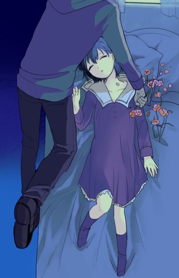 1girl, bad_id, bed, black_legwear, child, closed_eyes, dobu_(moor), dress, fate/zero, fate_(series), flower, hoodie, kimurarika, kneehighs, lying, matou_kariya, matou_sakura, on_back, on_bed, pillow, purple_hair, short_hair, sleeping, uncle_and_niece, window, young
