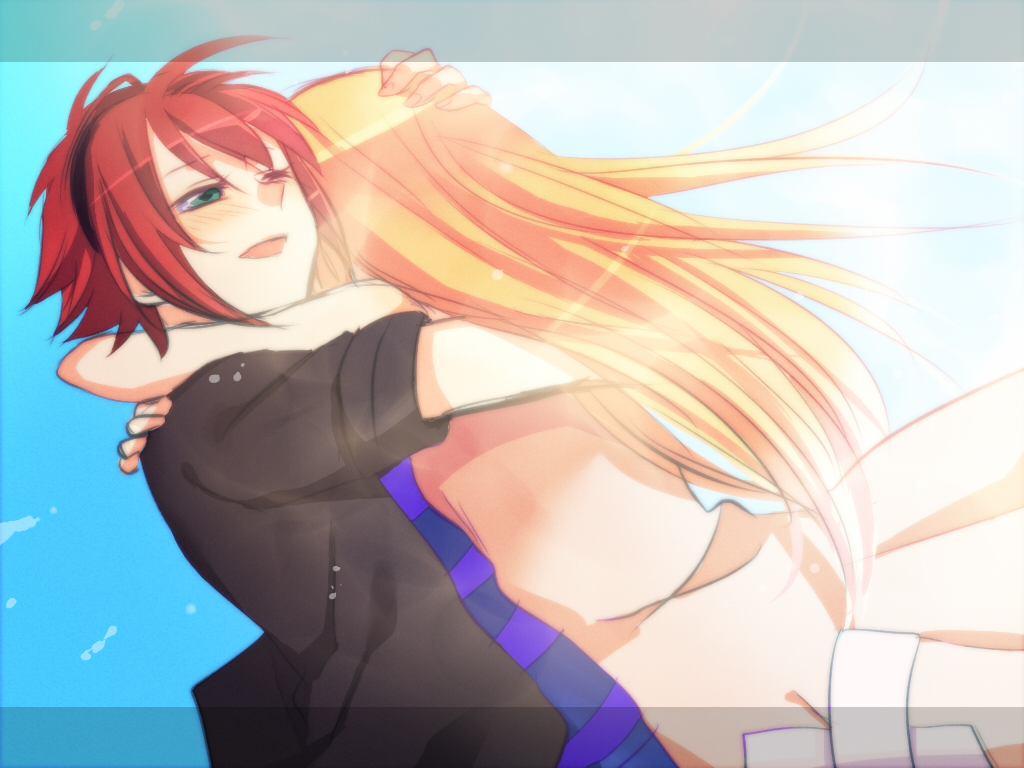 1girl, blush, boku_to_maou, couple, dress, fingernails, from_behind, green_eyes