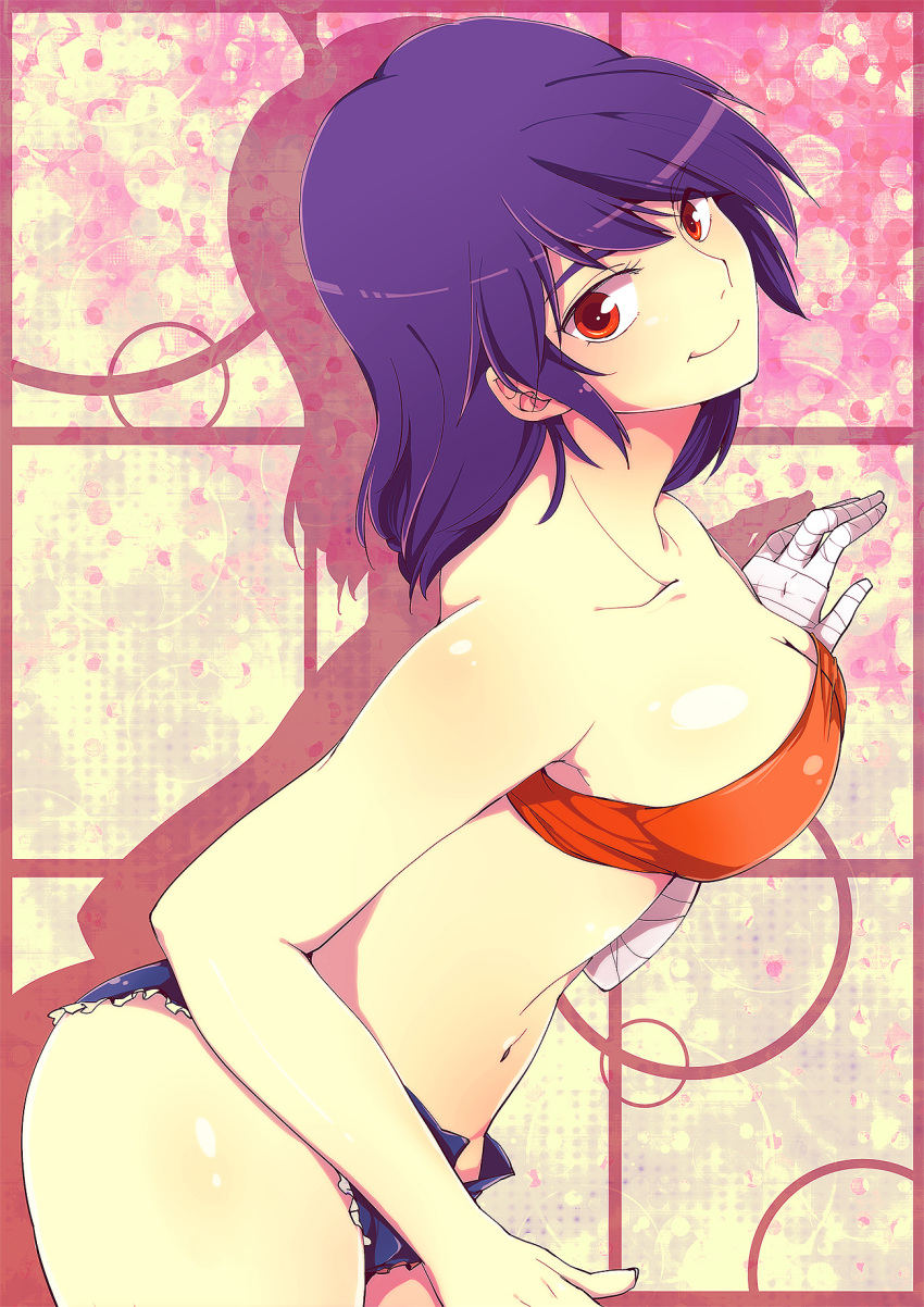 bandage, bandages, bandeau, bare_shoulders, blue_hair, breasts, cleavage, cutoffs