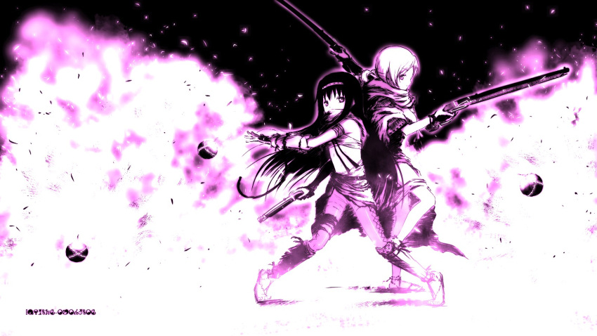 akemi_homura, antique_firearm, back-to-back, bomb, dual_wielding, flared_muzzle, flintlock, gun