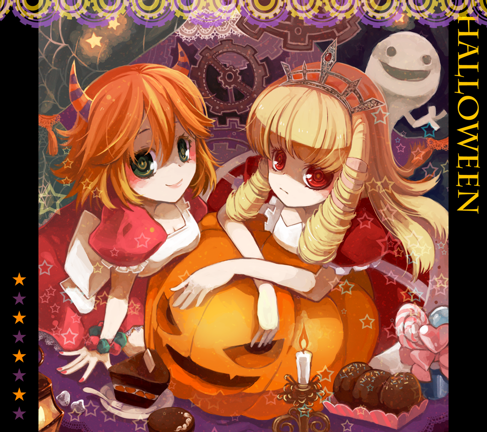 alternate_hair_color, arm_support, blonde_hair, blush, boku_to_maou, bracelet, cake, candle