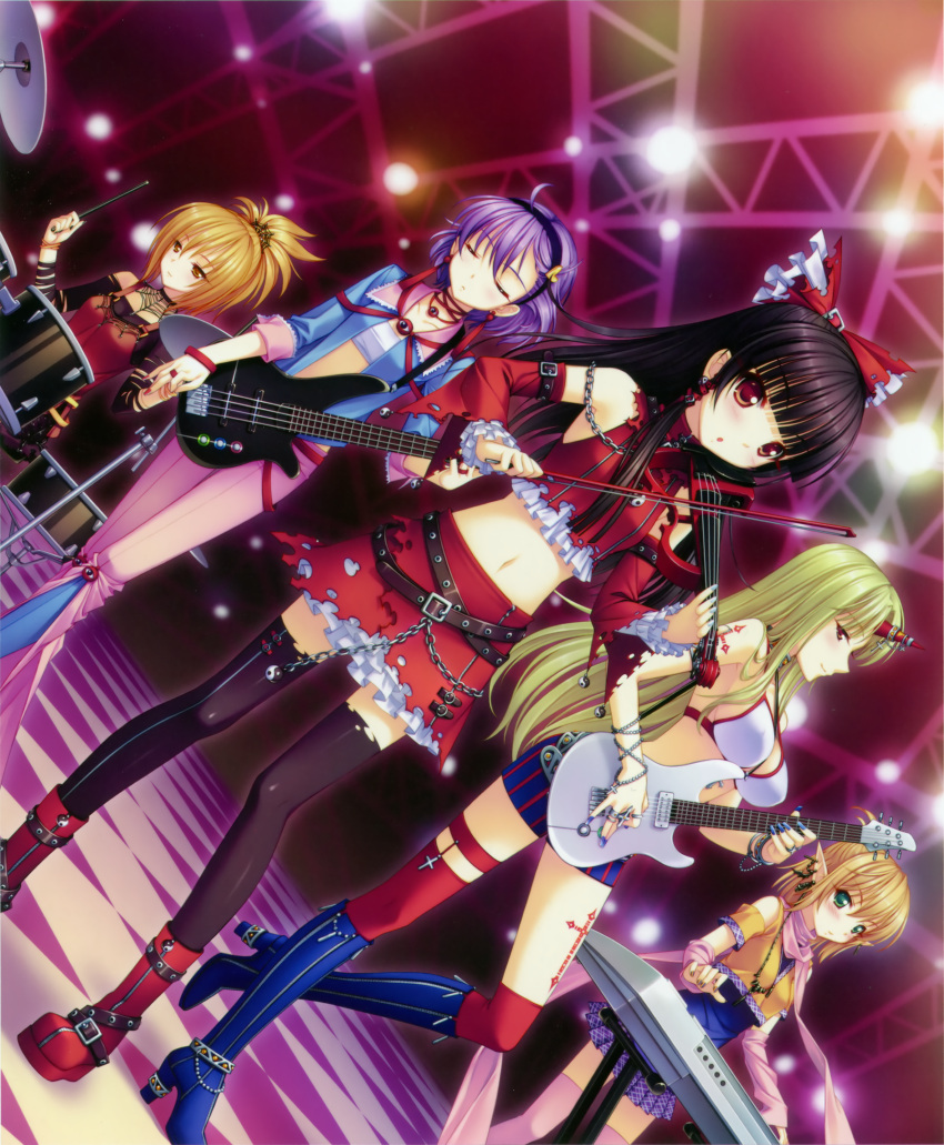 alternate_costume, band, bass_guitar, belt, bikini_top, black_hair, blonde_hair, boots