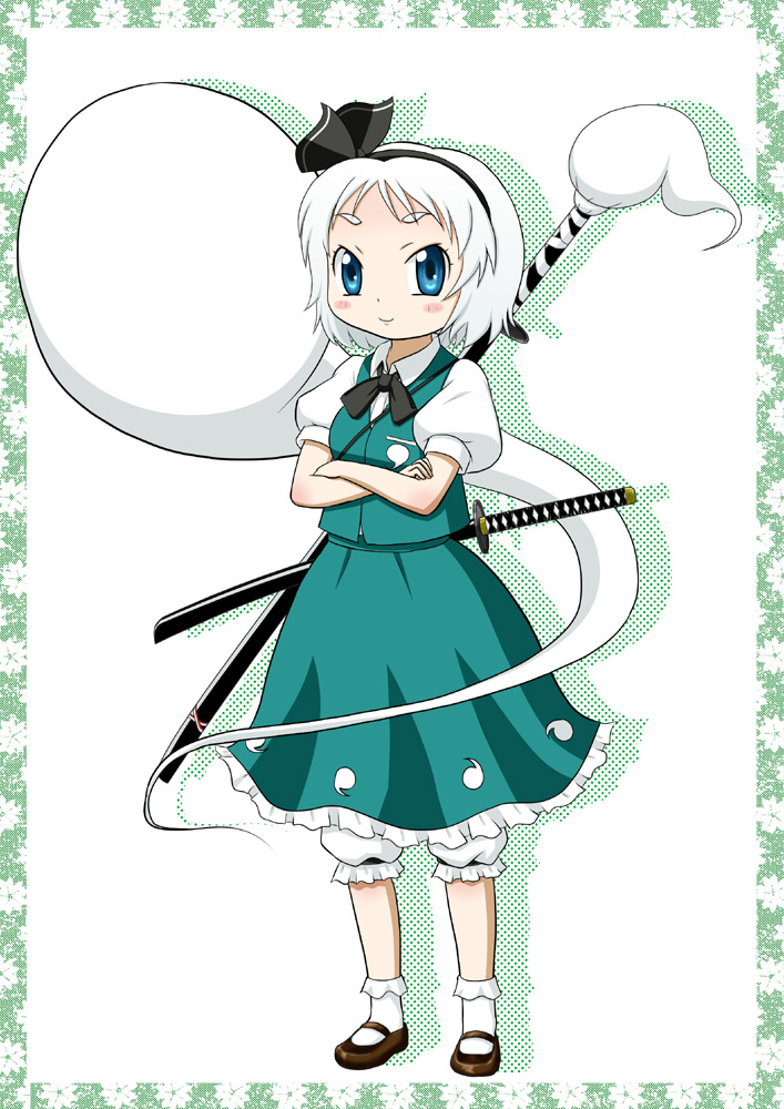 ankle_socks, bloomers, blue_eyes, blush_stickers, bobby_socks, border, crossed_arms, dress_shirt