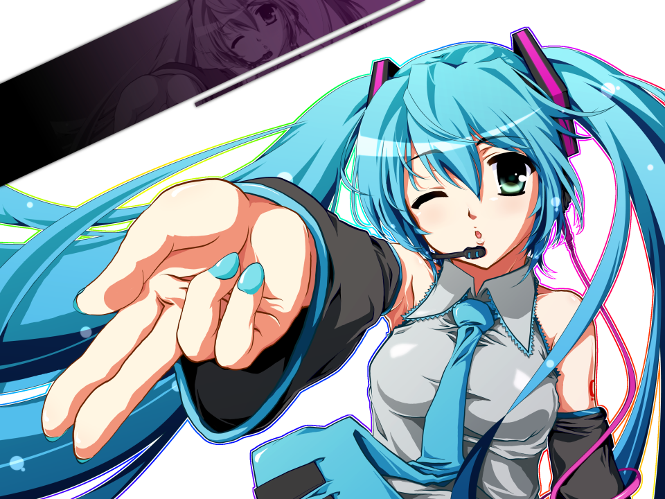 aqua_hair, bad_id, bare_shoulders, detached_sleeves, foreshortening, green_eyes, hatsune_miku, headset