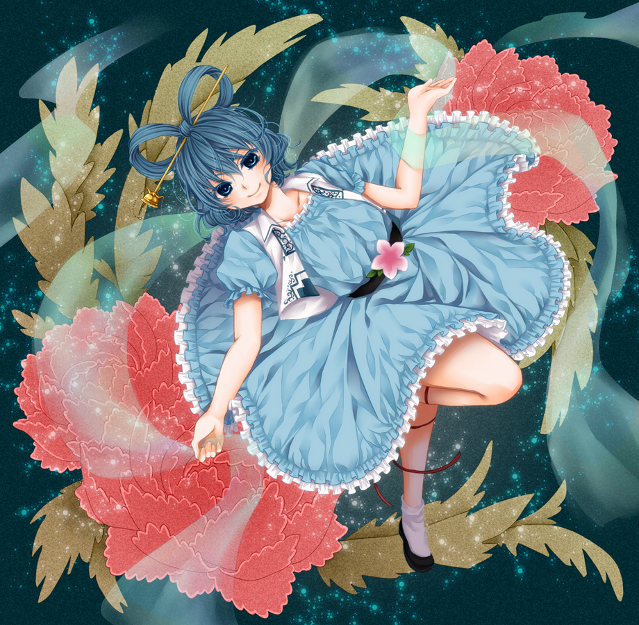ankle_socks, arm_up, belt, blue_background, blue_dress, blue_eyes, blue_hair, bobby_socks