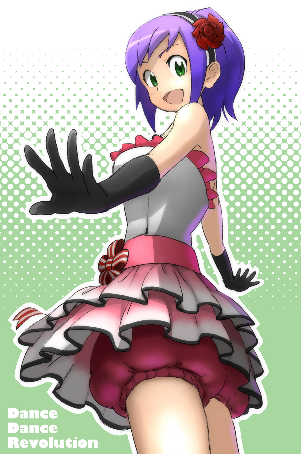 bare_shoulders, bloomers, dance_dance_revolution, dress, elbow_gloves, flower, frilled_dress, frills