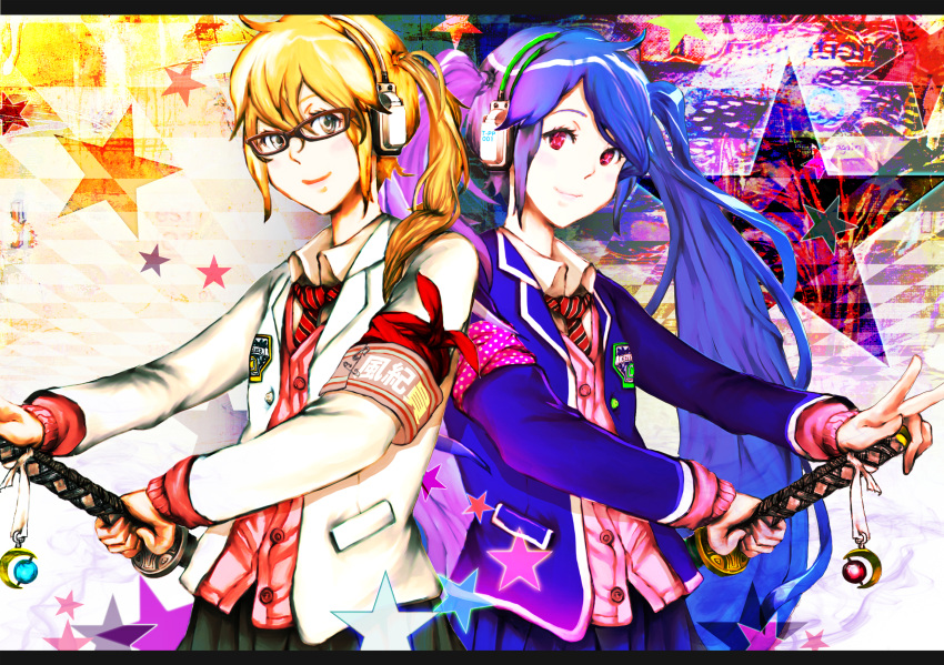 blonde_hair, colorful, glasses, gradient_hair, grey_eyes, headphones, highres, katana