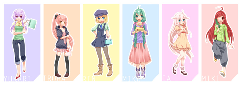 ahoge, bag, black_legwear, blonde_hair, blue_eyes, boots, bow, casual