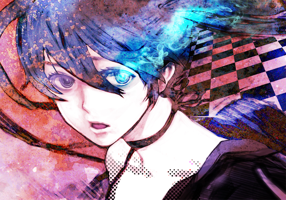 black_eyes, black_hair, black_rock_shooter, black_rock_shooter_(character), checkered, checkered_floor, choker, glowing