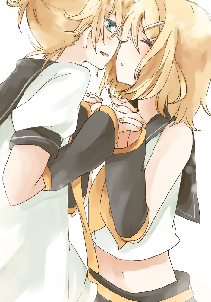 1girl, aqua_eyes, blonde_hair, brother_and_sister, closed_eyes, eyes_closed, hair_ornament, hairclip, hand_holding, holding_hands, incest, incipient_kiss, kagamine_len, kagamine_rin, momomochi, navel, short_hair, siblings, smile, twincest, twins, vocaloid