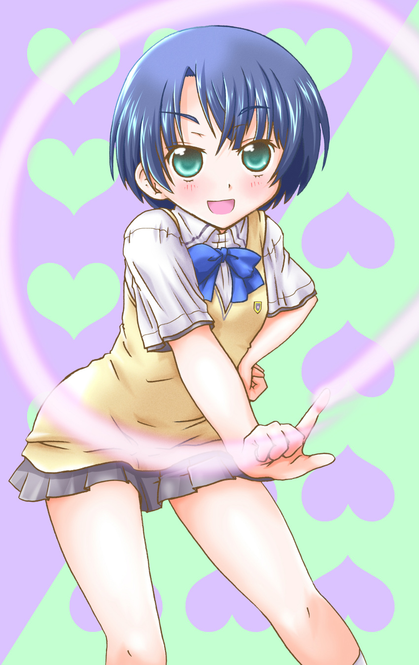 ano_natsu_de_matteru, blue_eyes, blue_hair, circle, green_background, heart, heart_background, highres