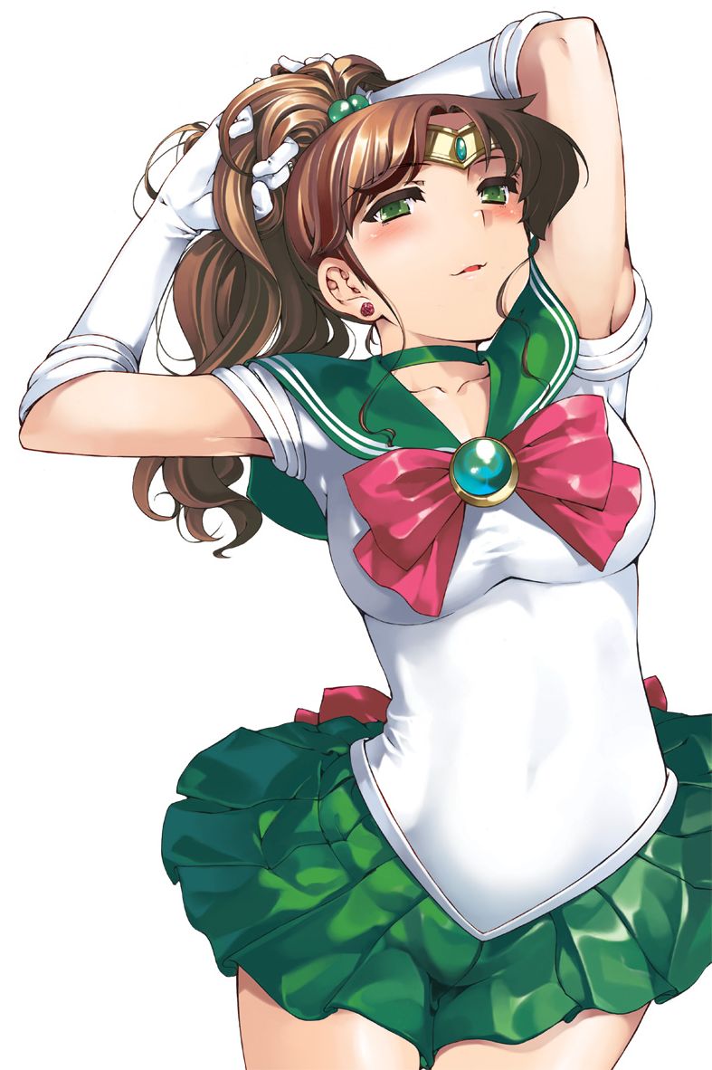 armpits, arms_up, artist_request, bishoujo_senshi_sailor_moon, blush, bow, brown_hair, choker, cover, cover_page, doujin_cover, dress, earring, earrings, elbow_gloves, gloves, green_eyes, jewelry, kino_makoto, long_hair, magical_girl, mr.lostman, ponytail, red-rum, ribbon, rose, sailor_dress, sailor_jupiter, simple_background, skirt, source_request, tiara, white_background