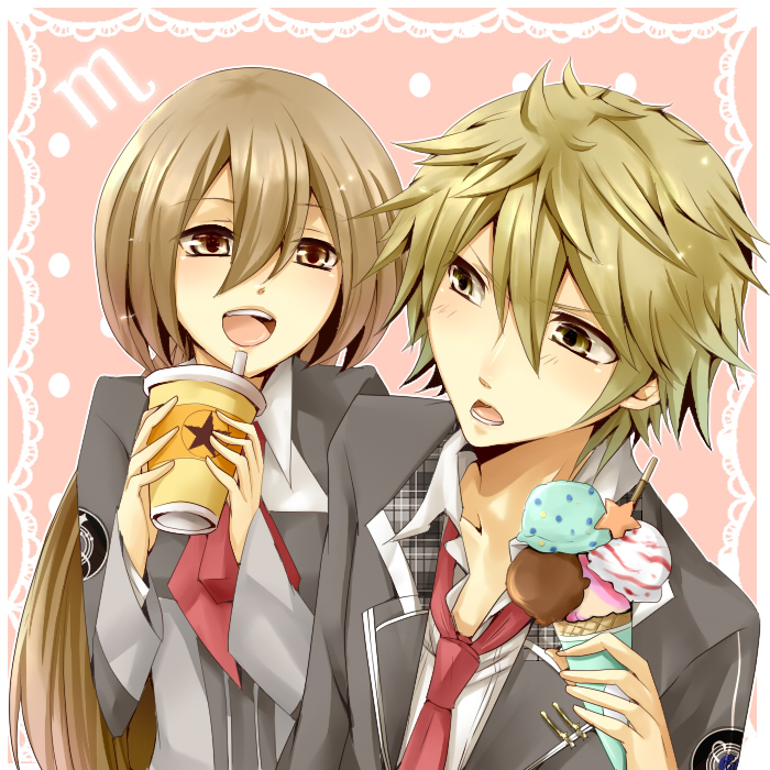 1girl, :d, blonde_hair, couple, food, holding, ice_cream, ice_cream_cone