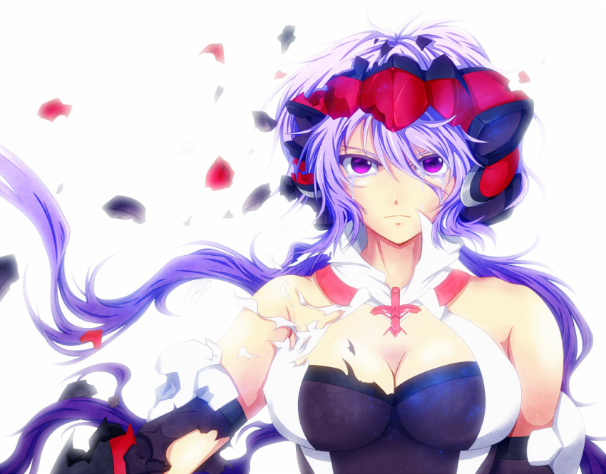breasts, cleavage, crying, detached_sleeves, frown, headphones, high_collar, kazamiya