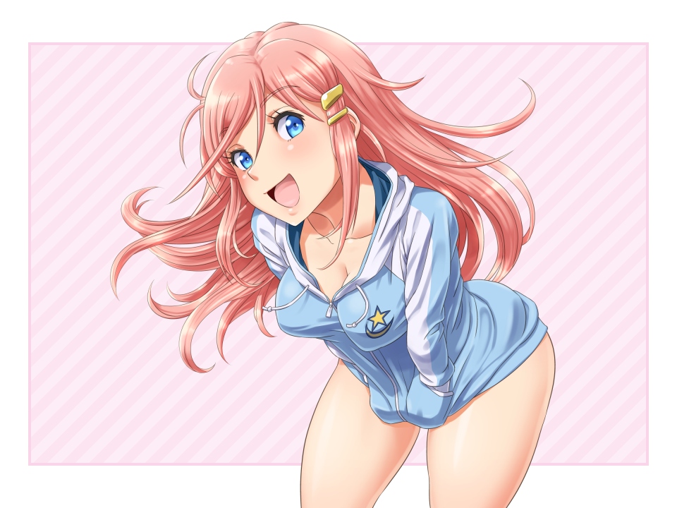 blue_eyes, bottomless, breasts, cleavage, hair_ornament, hairclip, hands_in_pockets, hoodie