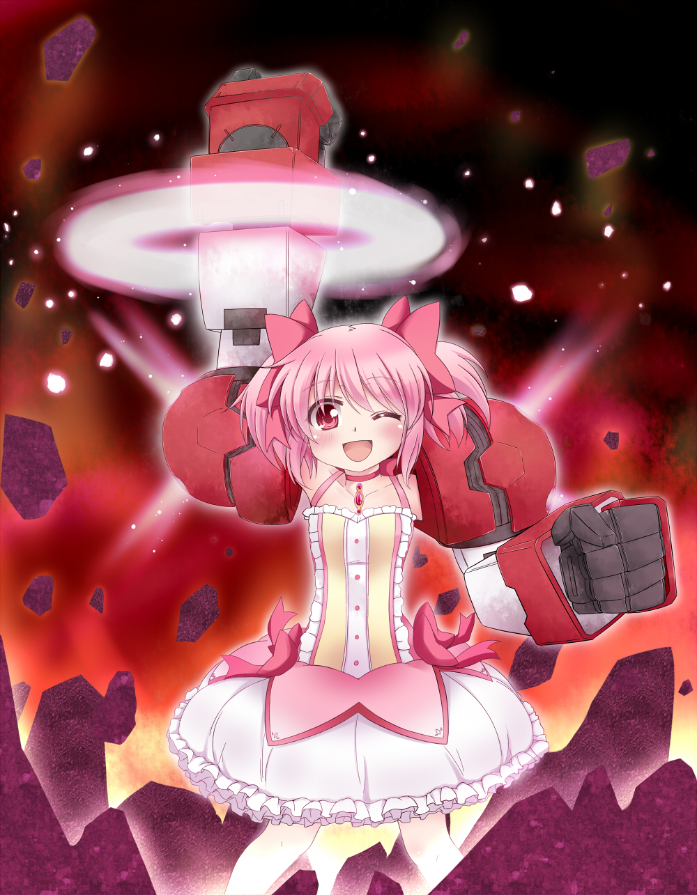 :d, arm_up, bad_id, bare_legs, bow, braid, bubble_skirt, choker