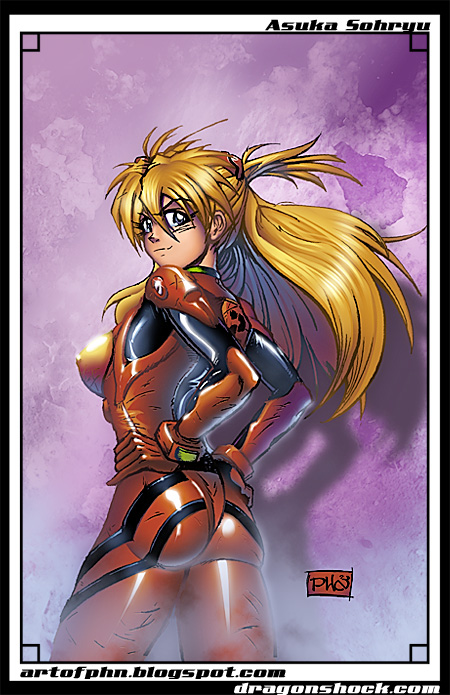 blue_eyes, hands_on_hips, long_hair, looking_back, neon_genesis_evangelion, orange_hair, peter_huu_nguyen, plugsuit