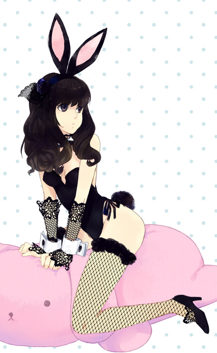 animal_ears, bad_id, black_eyes, black_hair, bunny_ears, bunny_girl, bunny_tail, bunnysuit