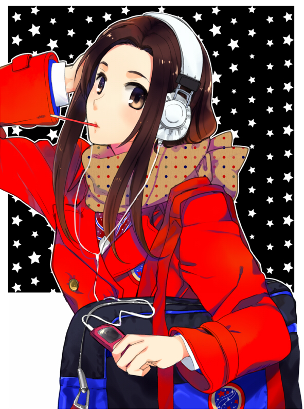 bad_id, bag, black_hair, blazer, brown_eyes, digital_media_player, earphones, female