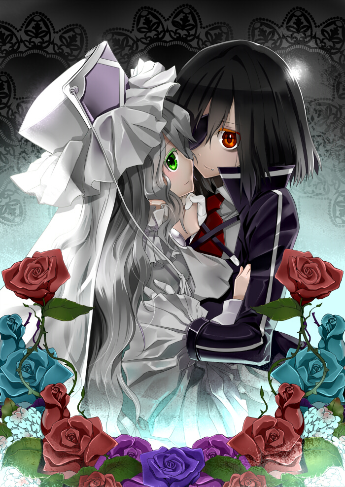 black_hair, colored_eyelashes, eyepatch, fang, flower, gloves, green_eyes, hand_holding