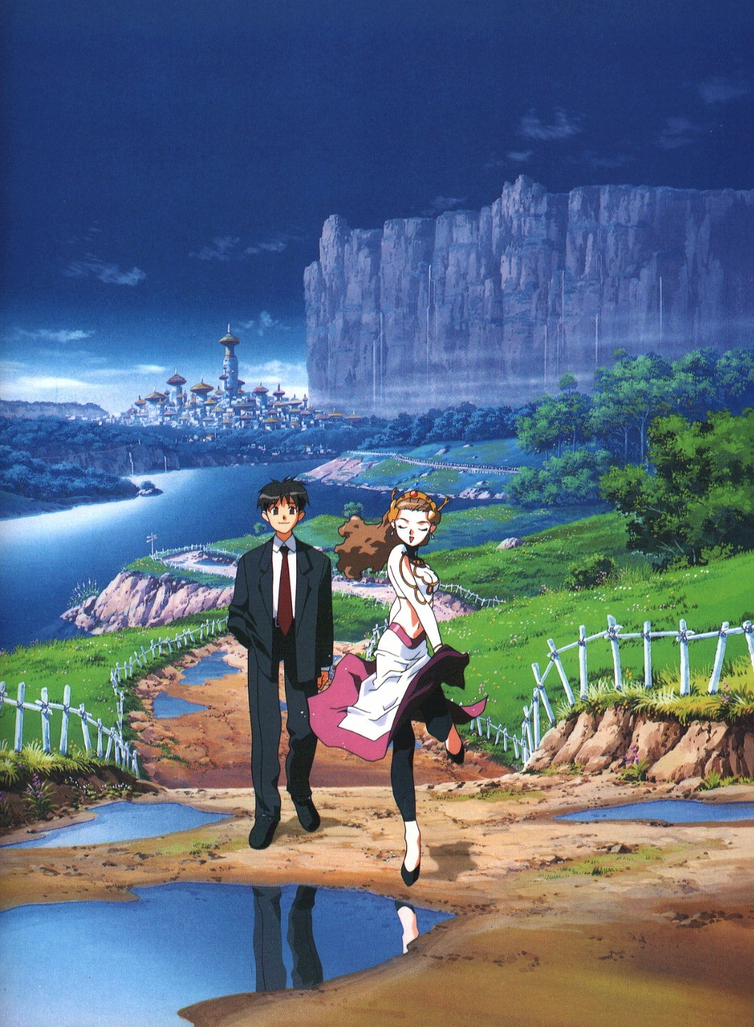 1girl, 90s, city, cliff, closed_eyes, el-hazard, el_hazard, eyes_closed