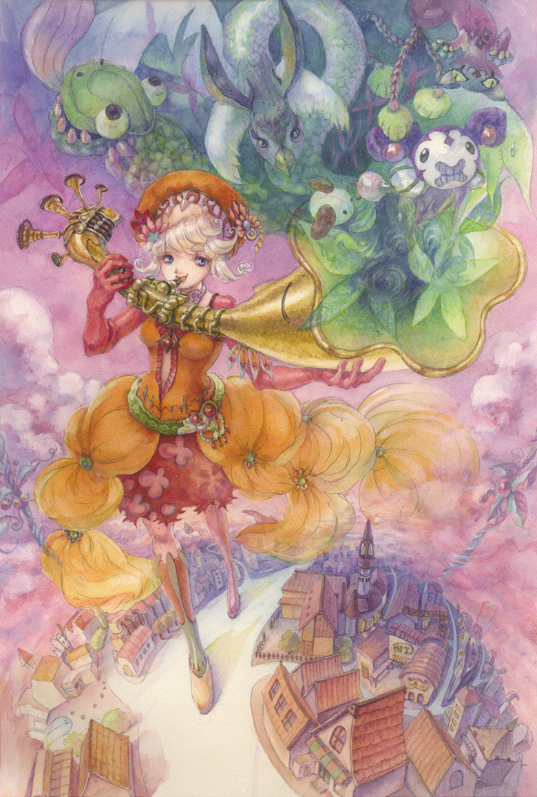 acrylic_paint_(medium), bird, blonde_hair, blu_eyes, blue_eyes, chimera, copyright_request, dress