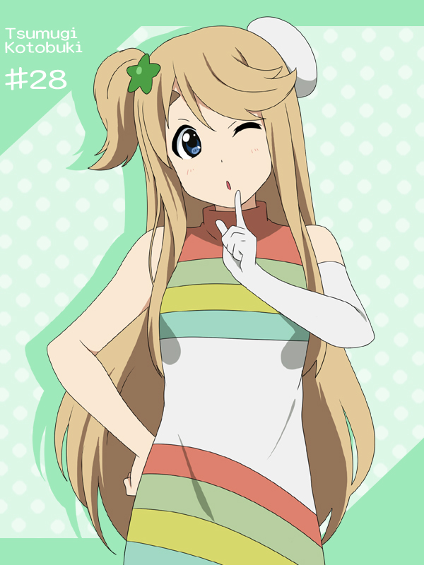 blonde_hair, blue_eyes, character_name, dress, elbow_gloves, fuwafuwa_time, gloves, hat
