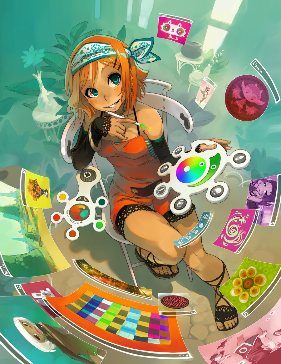 aqua_eyes, bare_shoulders, bracelet, chair, dark_skin, detached_sleeves, feet, floating_screen