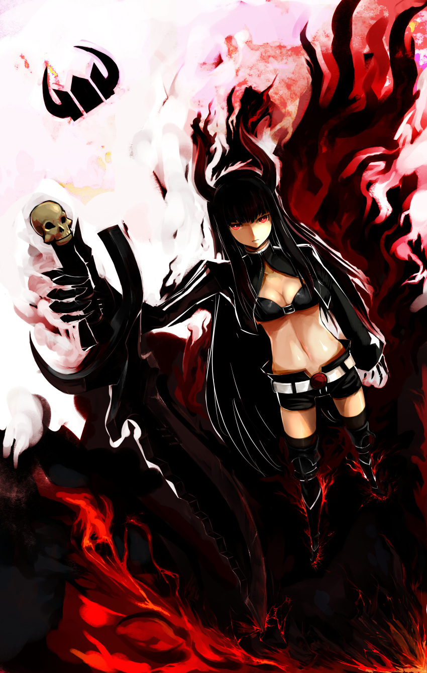 absurdres, artist_request, bikini_top, black_gold_saw, black_hair, black_rock_shooter, boots, breasts